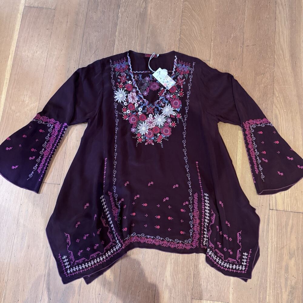 Johnny Was Heavily Embroidered Cupro Tunic Top L NWT $260 Swing Handkerchief Hem